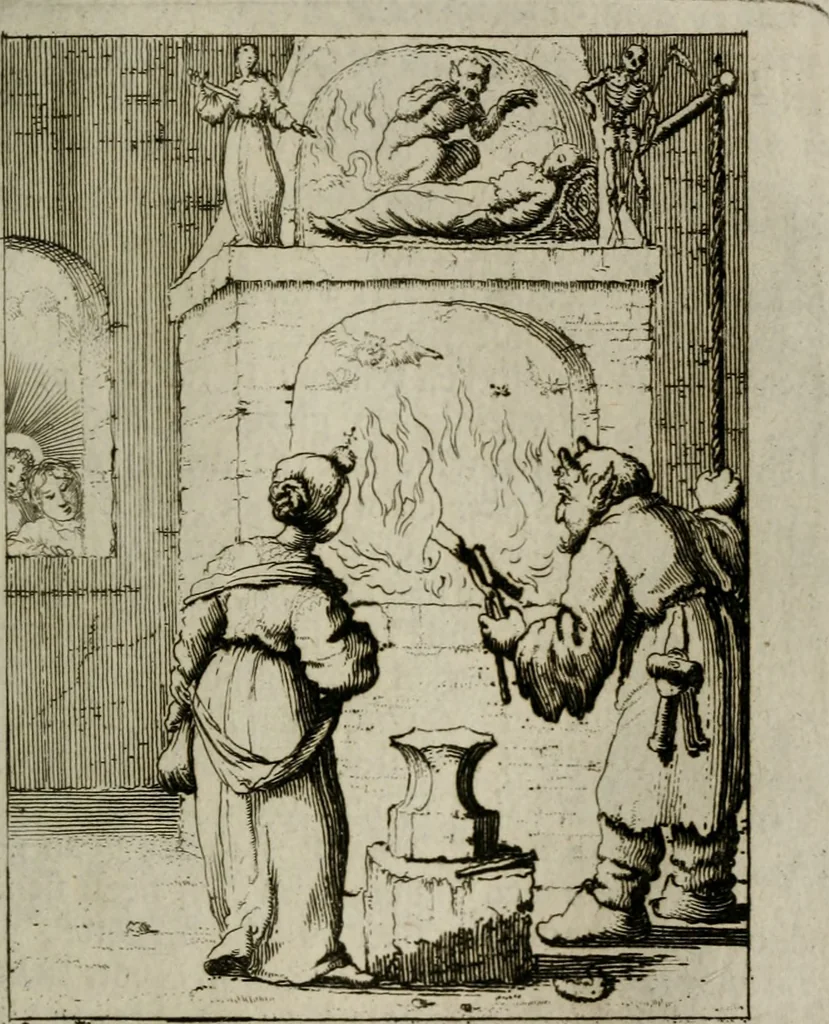 An illustration from Jesus en de ziel : een geestelycke spiegel voor 't gemoed : bestaande uyt veertig aangename en stichtelyke sinne-beelden : vervat in drie deelen, 1696, leaf 104