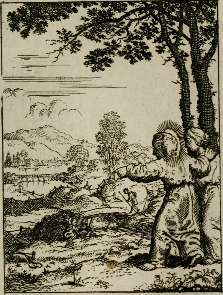 An illustration from Jesus en de ziel : een geestelycke spiegel voor 't gemoed : bestaande uyt veertig aangename en stichtelyke sinne-beelden : vervat in drie deelen, 1696, leaf 116