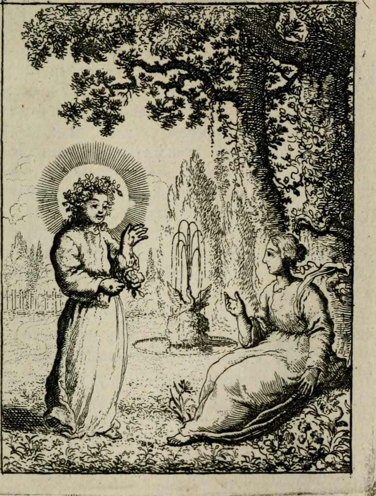 An illustration from Jesus en de ziel : een geestelycke spiegel voor 't gemoed : bestaande uyt veertig aangename en stichtelyke sinne-beelden : vervat in drie deelen, 1696, leaf 130