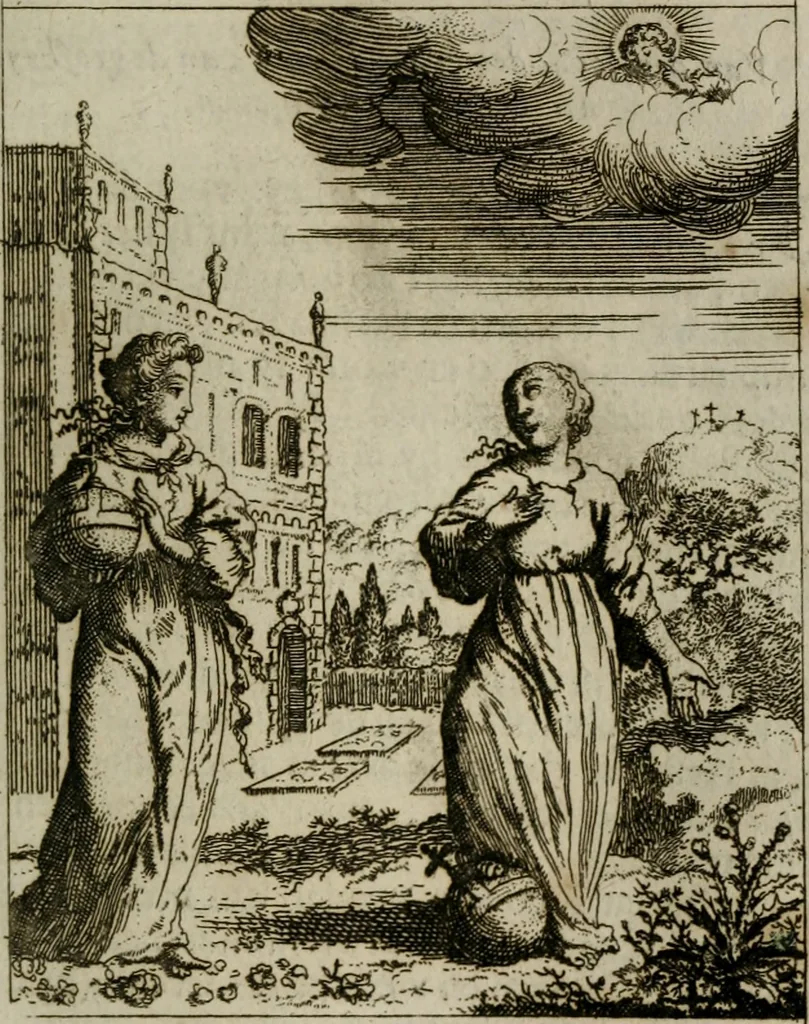 An illustration from Jesus en de ziel : een geestelycke spiegel voor 't gemoed : bestaande uyt veertig aangename en stichtelyke sinne-beelden : vervat in drie deelen, 1696, leaf 138