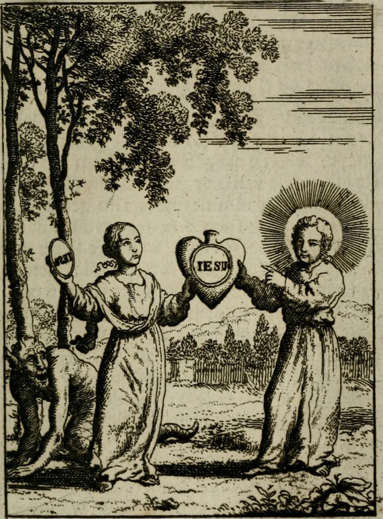 An illustration from Jesus en de ziel : een geestelycke spiegel voor 't gemoed : bestaande uyt veertig aangename en stichtelyke sinne-beelden : vervat in drie deelen, 1696, leaf 166
