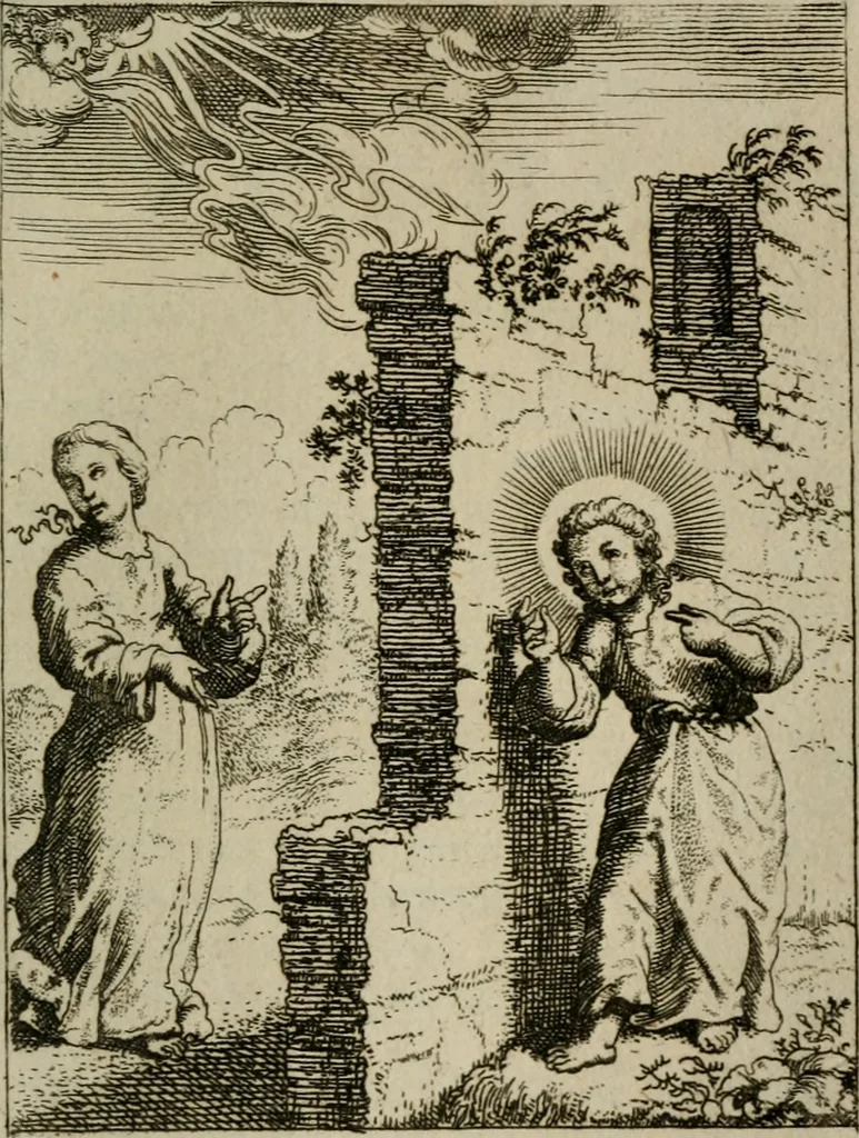An illustration from Jesus en de ziel : een geestelycke spiegel voor 't gemoed : bestaande uyt veertig aangename en stichtelyke sinne-beelden : vervat in drie deelen, 1696, leaf 174