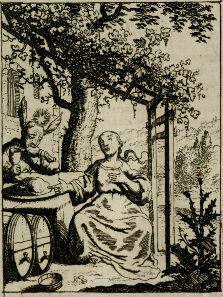 An illustration from Jesus en de ziel : een geestelycke spiegel voor 't gemoed : bestaande uyt veertig aangename en stichtelyke sinne-beelden : vervat in drie deelen, 1696, leaf 18