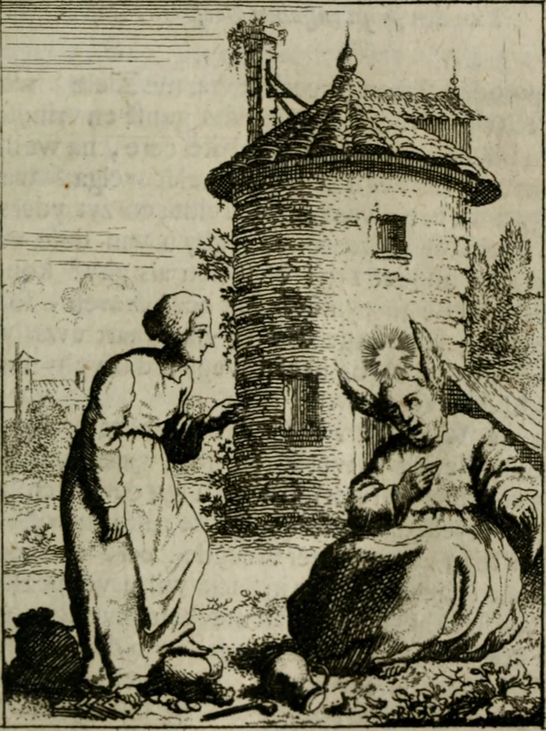 An illustration from Jesus en de ziel : een geestelycke spiegel voor 't gemoed : bestaande uyt veertig aangename en stichtelyke sinne-beelden : vervat in drie deelen, 1696, leaf 22
