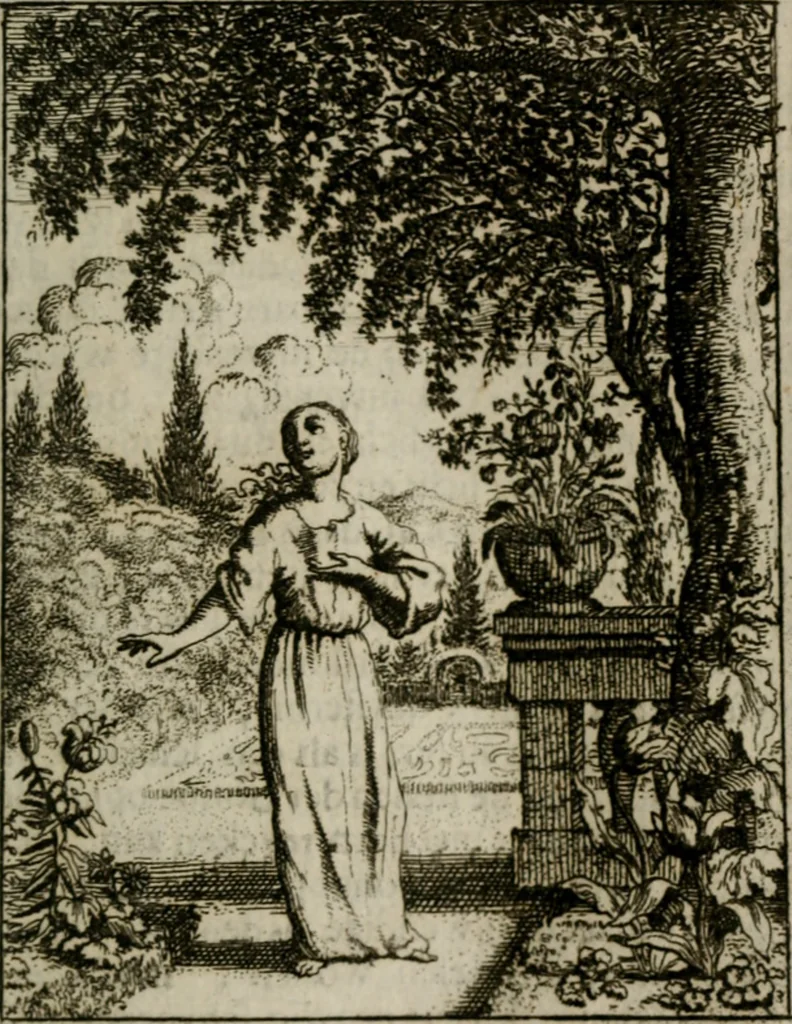 An illustration from Jesus en de ziel : een geestelycke spiegel voor 't gemoed : bestaande uyt veertig aangename en stichtelyke sinne-beelden : vervat in drie deelen, 1696, leaf 26