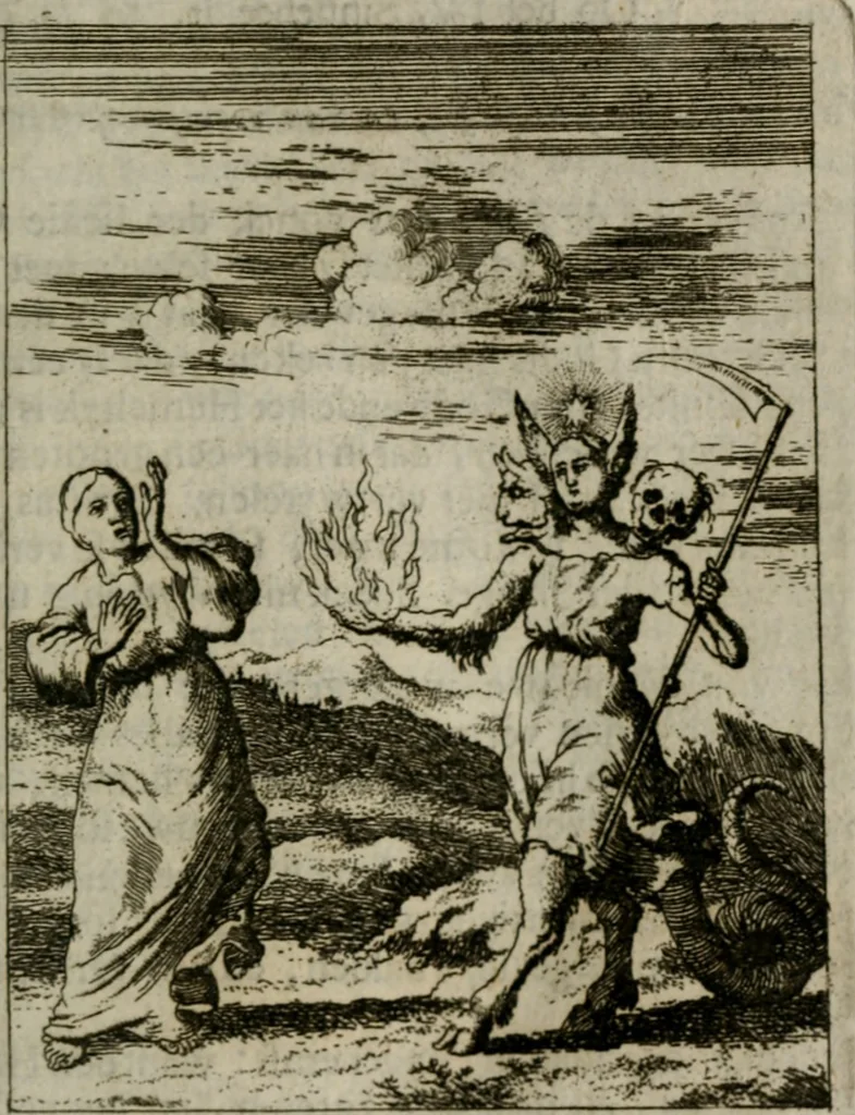 An illustration from Jesus en de ziel : een geestelycke spiegel voor 't gemoed : bestaande uyt veertig aangename en stichtelyke sinne-beelden : vervat in drie deelen, 1696, leaf 30