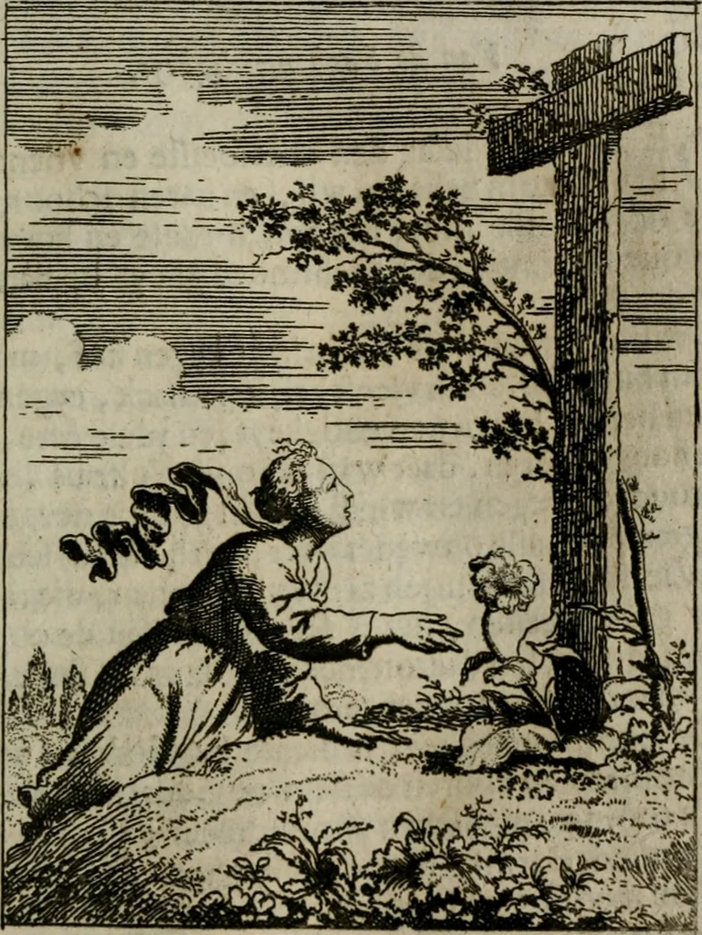 An illustration from Jesus en de ziel : een geestelycke spiegel voor 't gemoed : bestaande uyt veertig aangename en stichtelyke sinne-beelden : vervat in drie deelen, 1696, leaf 34