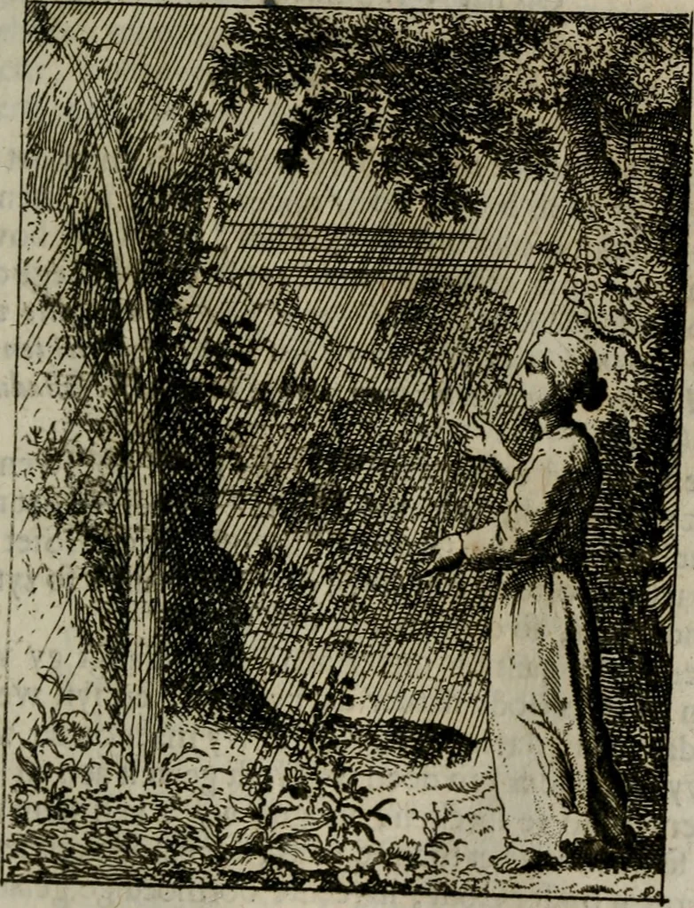 An illustration from Jesus en de ziel : een geestelycke spiegel voor 't gemoed : bestaande uyt veertig aangename en stichtelyke sinne-beelden : vervat in drie deelen, 1696, leaf 38
