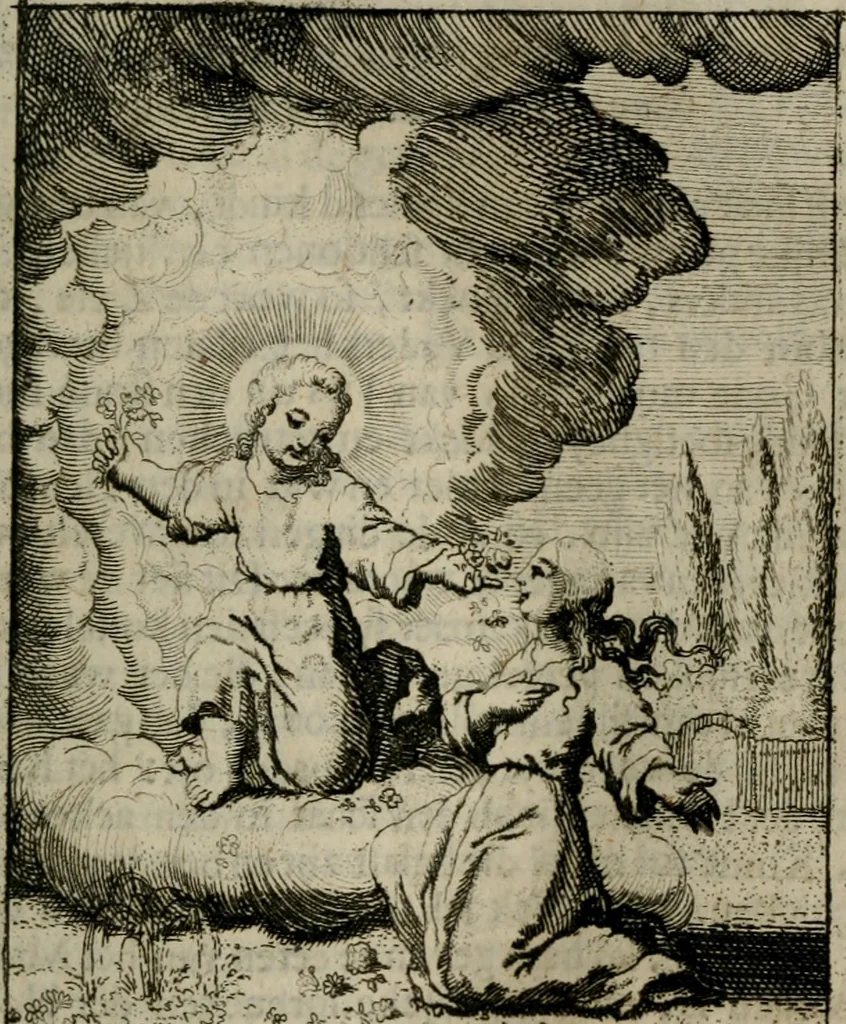 An illustration from Jesus en de ziel : een geestelycke spiegel voor 't gemoed : bestaande uyt veertig aangename en stichtelyke sinne-beelden : vervat in drie deelen, 1696, leaf 42