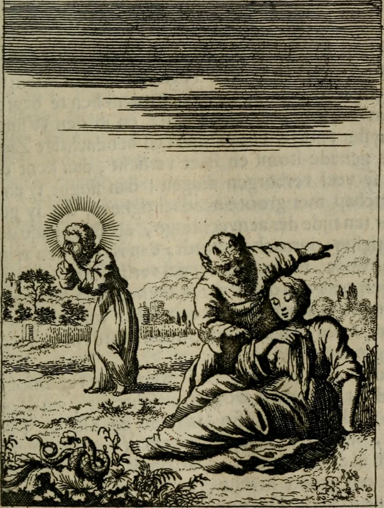An illustration from Jesus en de ziel : een geestelycke spiegel voor 't gemoed : bestaande uyt veertig aangename en stichtelyke sinne-beelden : vervat in drie deelen, 1696, leaf 46