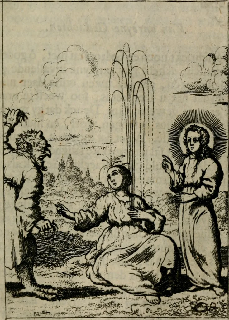 An illustration from Jesus en de ziel : een geestelycke spiegel voor 't gemoed : bestaande uyt veertig aangename en stichtelyke sinne-beelden : vervat in drie deelen, 1696, leaf 50