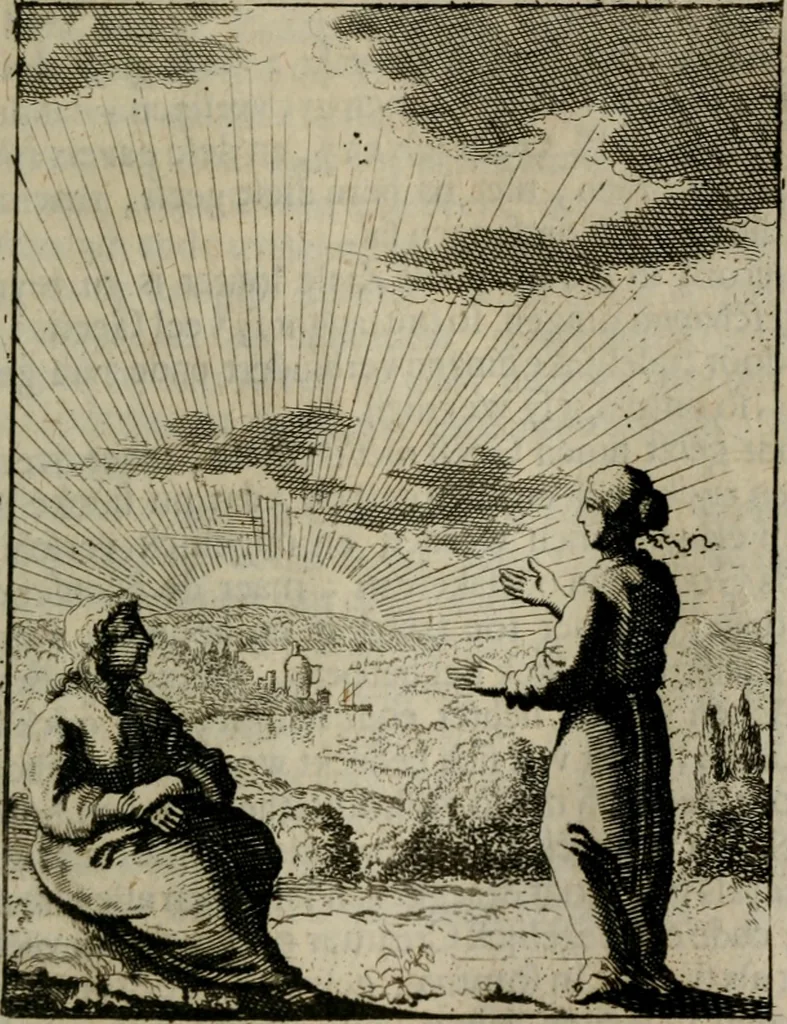 An illustration from Jesus en de ziel : een geestelycke spiegel voor 't gemoed : bestaande uyt veertig aangename en stichtelyke sinne-beelden : vervat in drie deelen, 1696, leaf 54