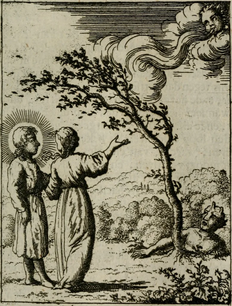 An illustration from Jesus en de ziel : een geestelycke spiegel voor 't gemoed : bestaande uyt veertig aangename en stichtelyke sinne-beelden : vervat in drie deelen, 1696, leaf 58