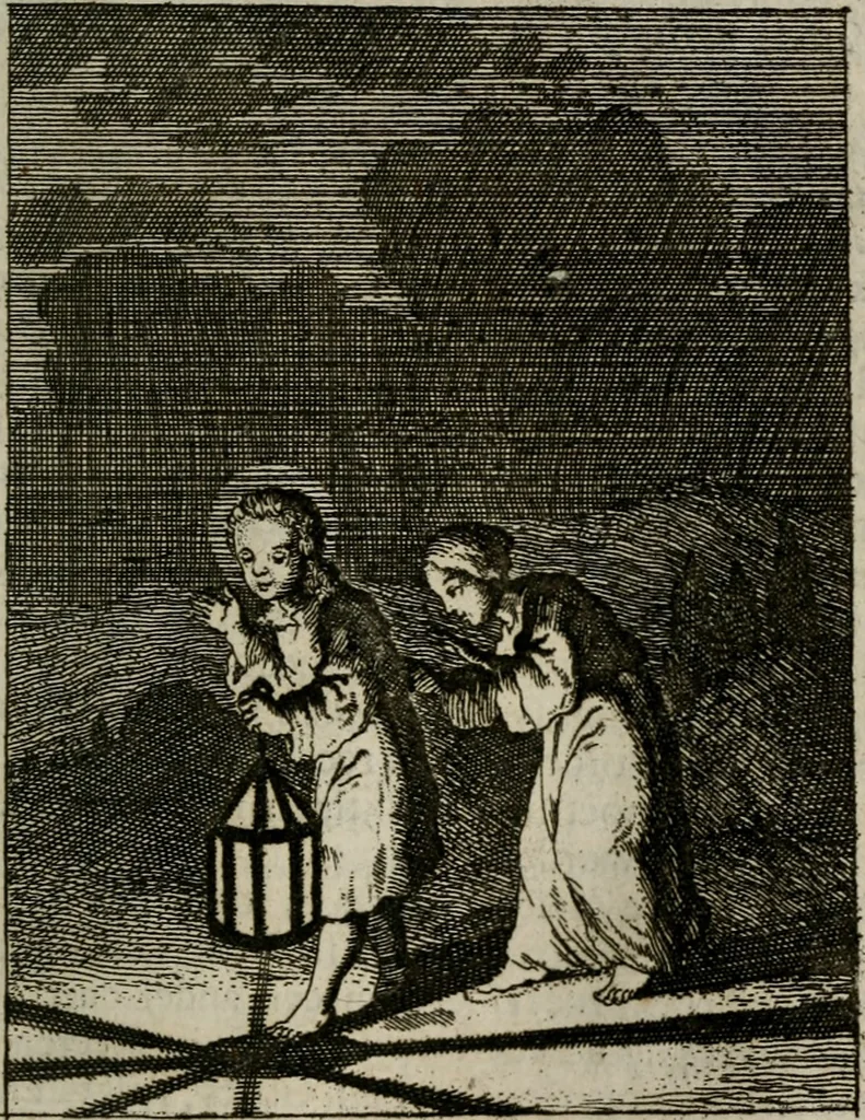 An illustration from Jesus en de ziel : een geestelycke spiegel voor 't gemoed : bestaande uyt veertig aangename en stichtelyke sinne-beelden : vervat in drie deelen, 1696, leaf 62