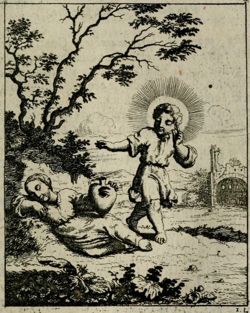 An illustration from Jesus en de ziel : een geestelycke spiegel voor 't gemoed : bestaande uyt veertig aangename en stichtelyke sinne-beelden : vervat in drie deelen, 1696, leaf 72