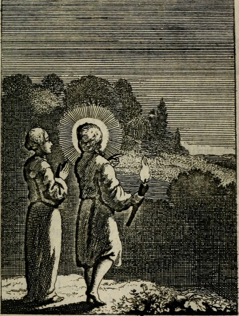 An illustration from Jesus en de ziel : een geestelycke spiegel voor 't gemoed : bestaande uyt veertig aangename en stichtelyke sinne-beelden : vervat in drie deelen, 1696, leaf 76