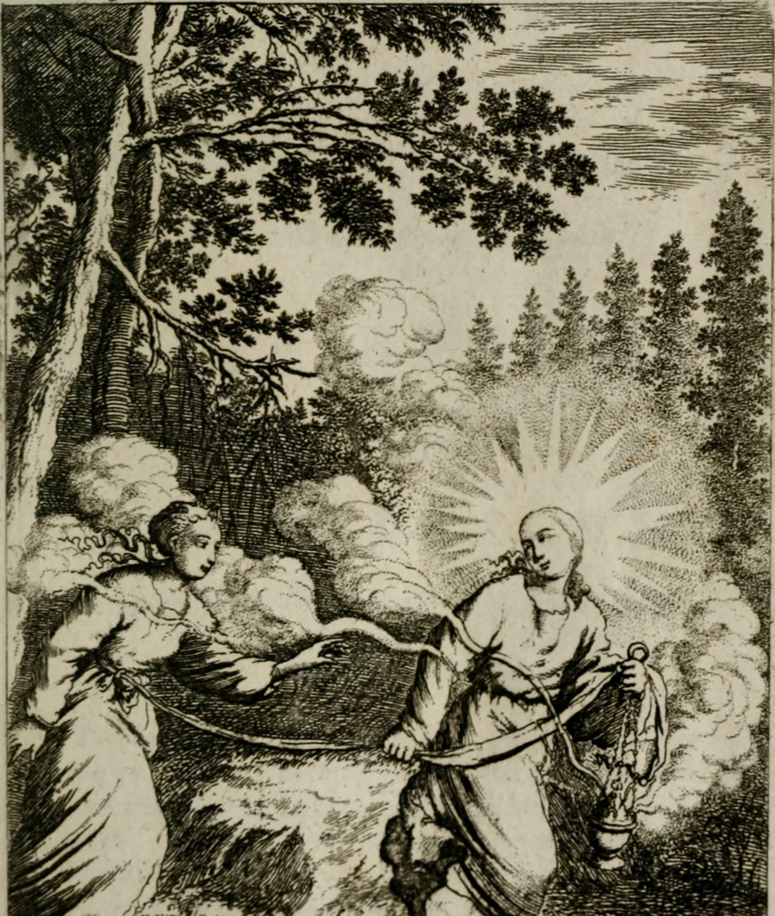 An illustration from Jesus en de ziel : een geestelycke spiegel voor 't gemoed : bestaande uyt veertig aangename en stichtelyke sinne-beelden : vervat in drie deelen, 1696, leaf 8