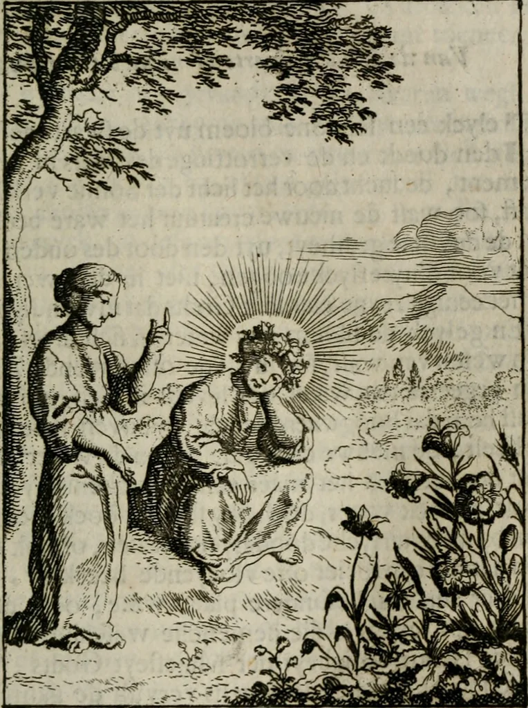 An illustration from Jesus en de ziel : een geestelycke spiegel voor 't gemoed : bestaande uyt veertig aangename en stichtelyke sinne-beelden : vervat in drie deelen, 1696, leaf 80