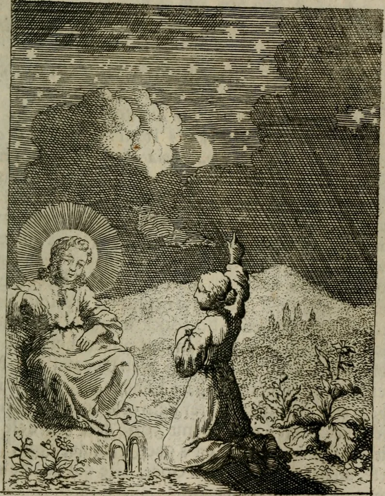An illustration from Jesus en de ziel : een geestelycke spiegel voor 't gemoed : bestaande uyt veertig aangename en stichtelyke sinne-beelden : vervat in drie deelen, 1696, leaf 88