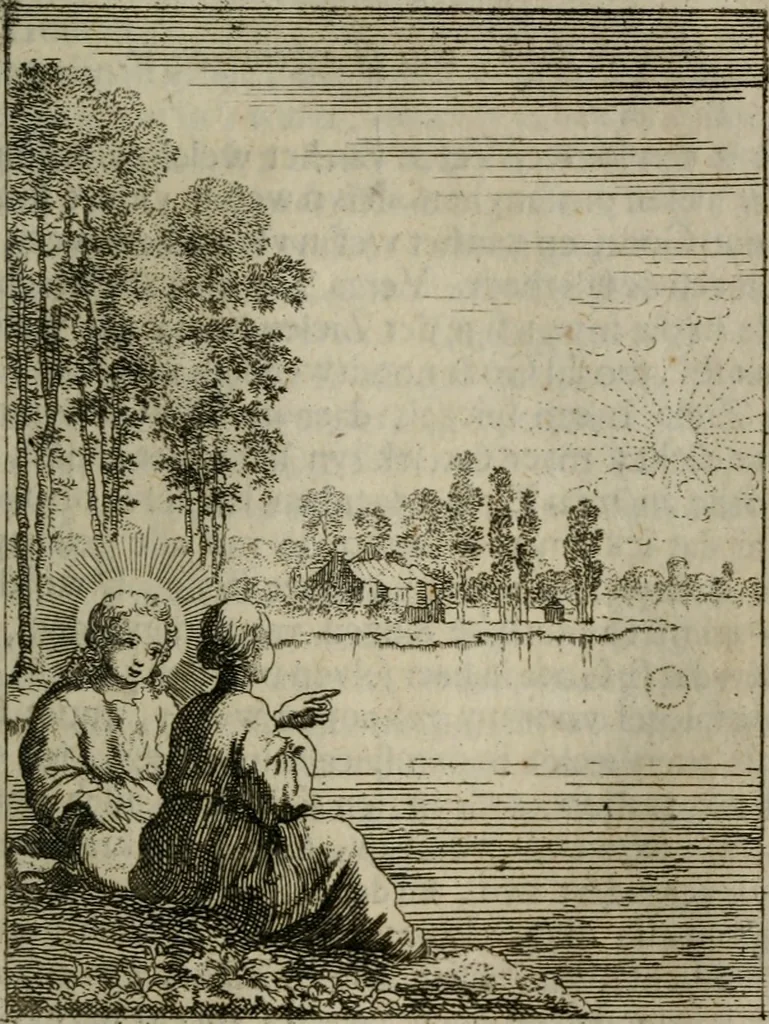 An illustration from Jesus en de ziel : een geestelycke spiegel voor 't gemoed : bestaande uyt veertig aangename en stichtelyke sinne-beelden : vervat in drie deelen, 1696, leaf 92