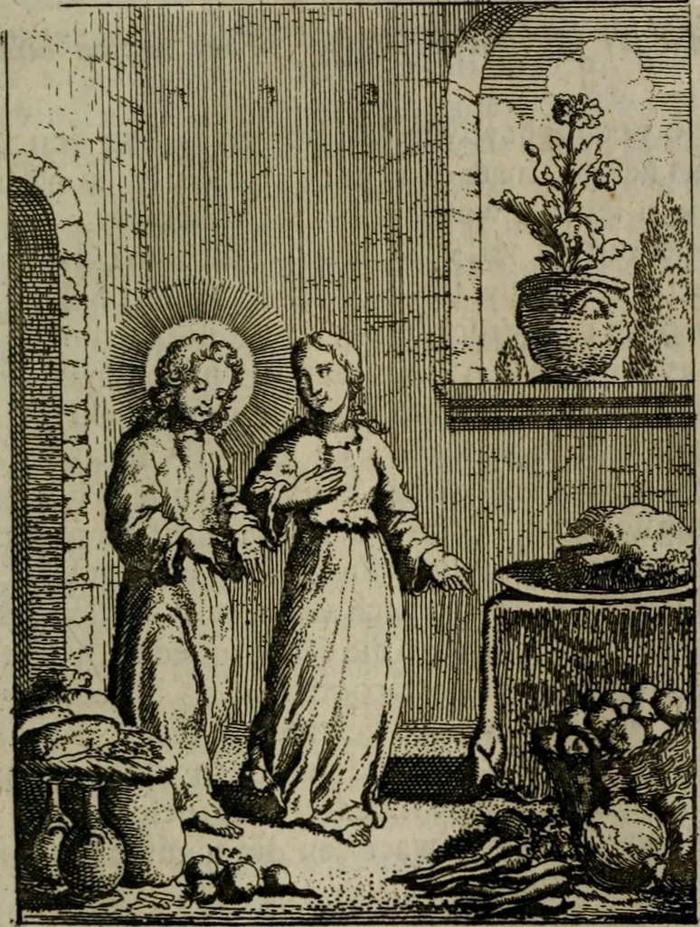 An illustration from Jesus en de ziel : een geestelycke spiegel voor 't gemoed : bestaande uyt veertig aangename en stichtelyke sinne-beelden : vervat in drie deelen, 1696, leaf 96