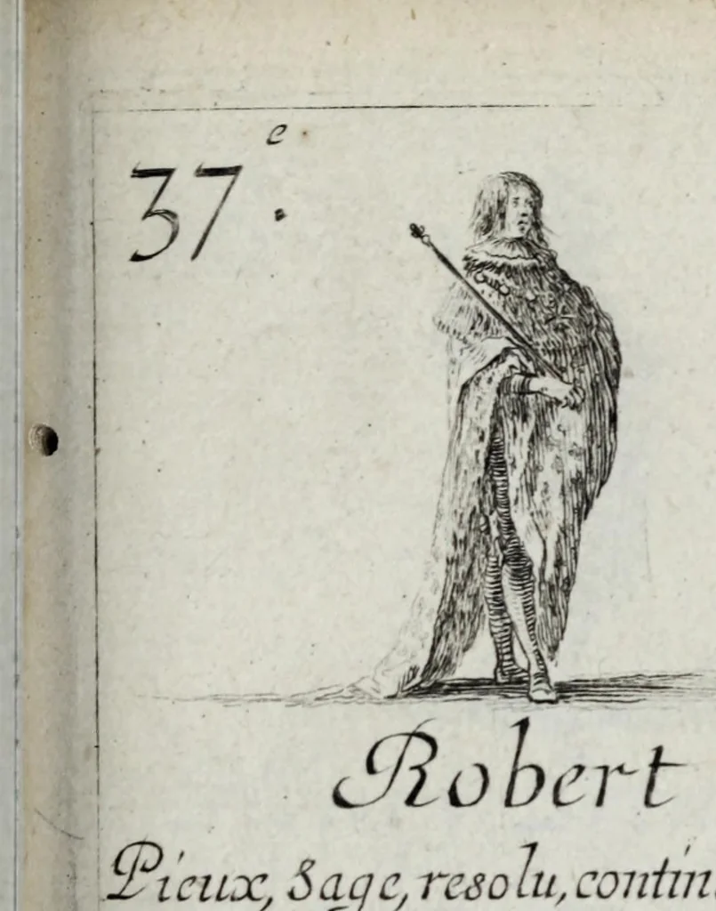 An illustration from Jeux historiques des rois de France, reines renommées, géographie et métamorphose, 1698, leaf 177