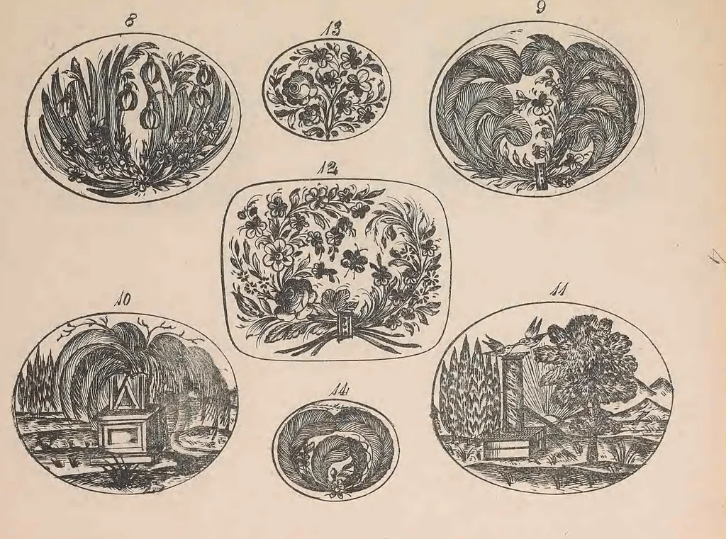 An illustration from The jewellers' book of patterns in hair work : containing a great variety of copper-plate engravings of devices and patterns in hair; suitable for mourning jewellery, brooches, rings, guards, alberts, necklets, lockets, bracelets, miniatures, studs, links, earrings, &c. &c. &c, 1864, leaf 12