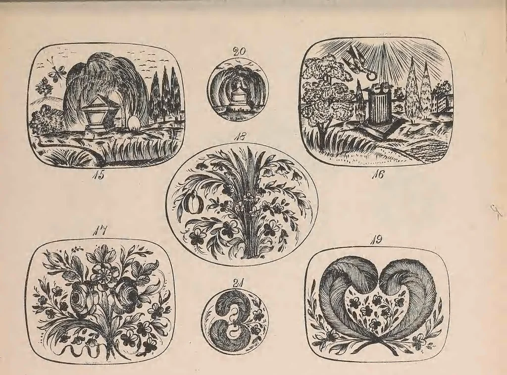 An illustration from The jewellers' book of patterns in hair work : containing a great variety of copper-plate engravings of devices and patterns in hair; suitable for mourning jewellery, brooches, rings, guards, alberts, necklets, lockets, bracelets, miniatures, studs, links, earrings, &c. &c. &c, 1864, leaf 14