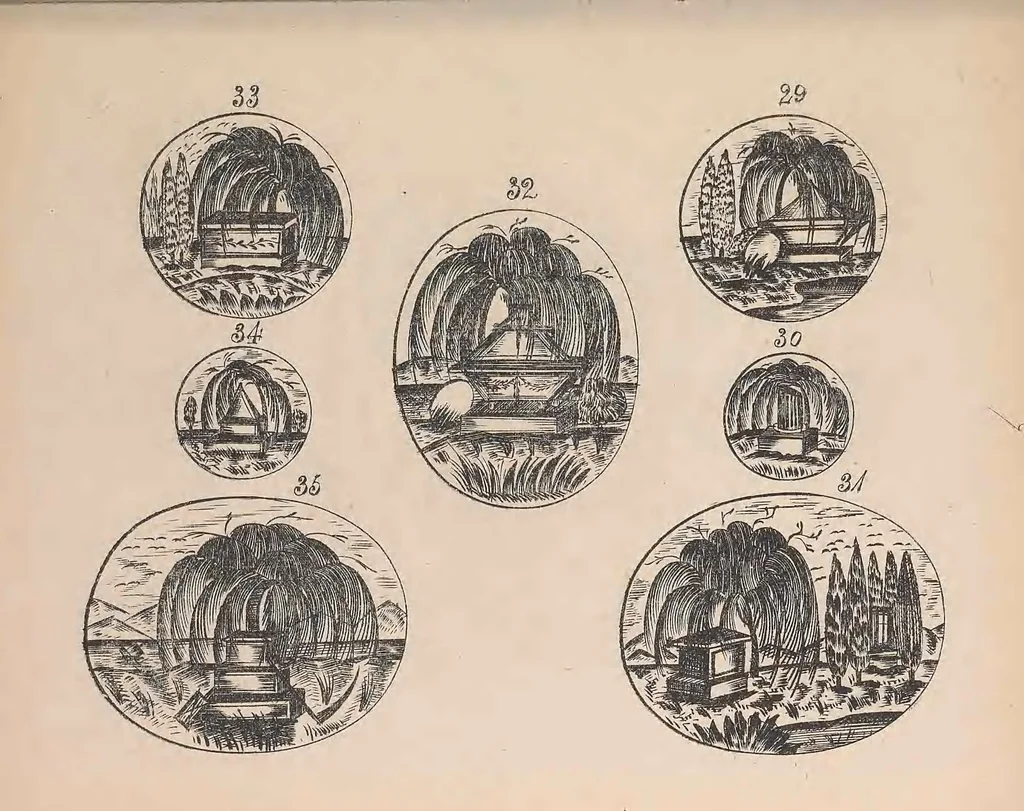 An illustration from The jewellers' book of patterns in hair work : containing a great variety of copper-plate engravings of devices and patterns in hair; suitable for mourning jewellery, brooches, rings, guards, alberts, necklets, lockets, bracelets, miniatures, studs, links, earrings, &c. &c. &c, 1864, leaf 18