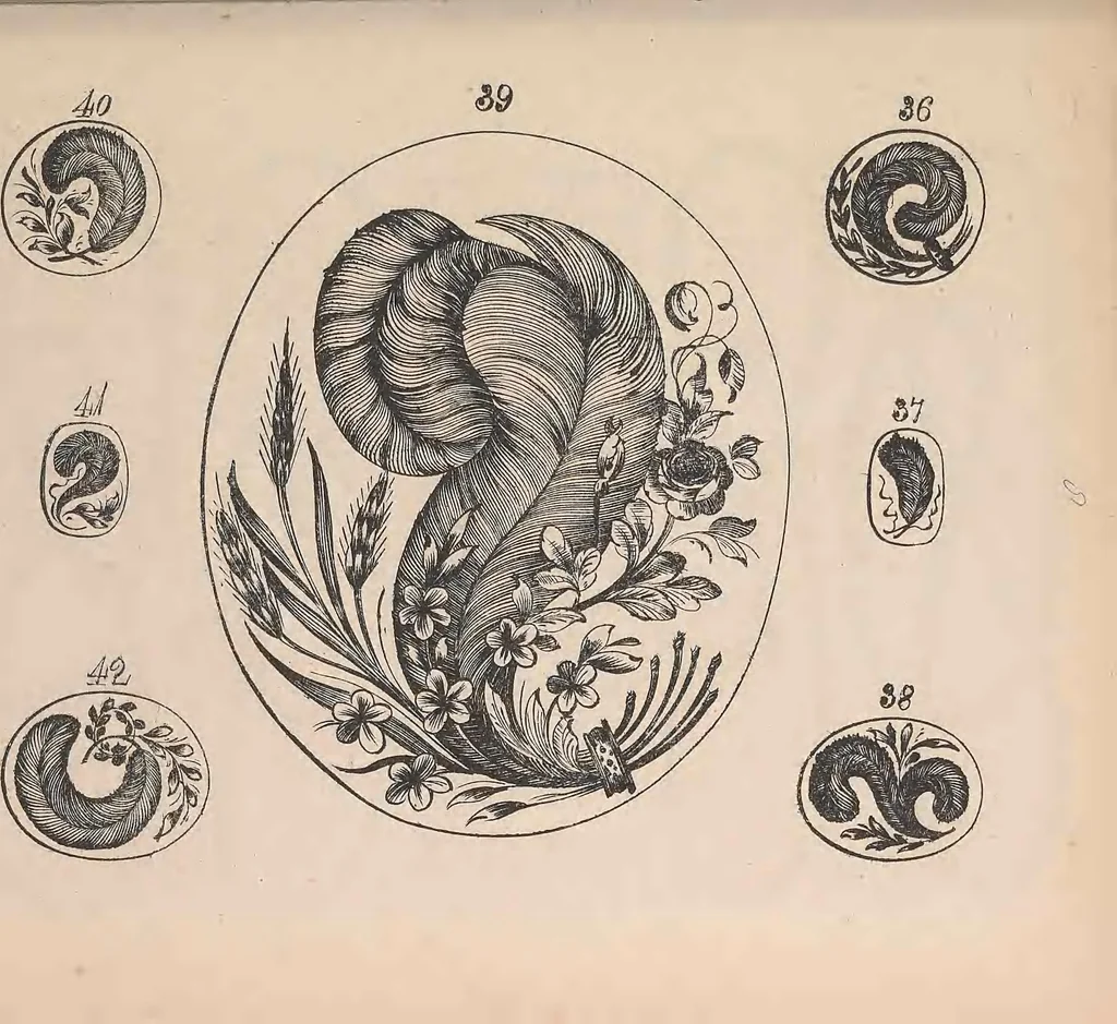 An illustration from The jewellers' book of patterns in hair work : containing a great variety of copper-plate engravings of devices and patterns in hair; suitable for mourning jewellery, brooches, rings, guards, alberts, necklets, lockets, bracelets, miniatures, studs, links, earrings, &c. &c. &c, 1864, leaf 20
