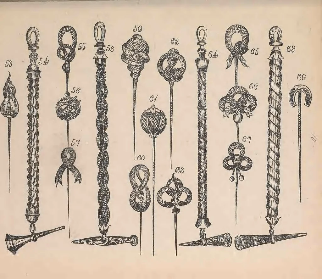 An illustration from The jewellers' book of patterns in hair work : containing a great variety of copper-plate engravings of devices and patterns in hair; suitable for mourning jewellery, brooches, rings, guards, alberts, necklets, lockets, bracelets, miniatures, studs, links, earrings, &c. &c. &c, 1864, leaf 24