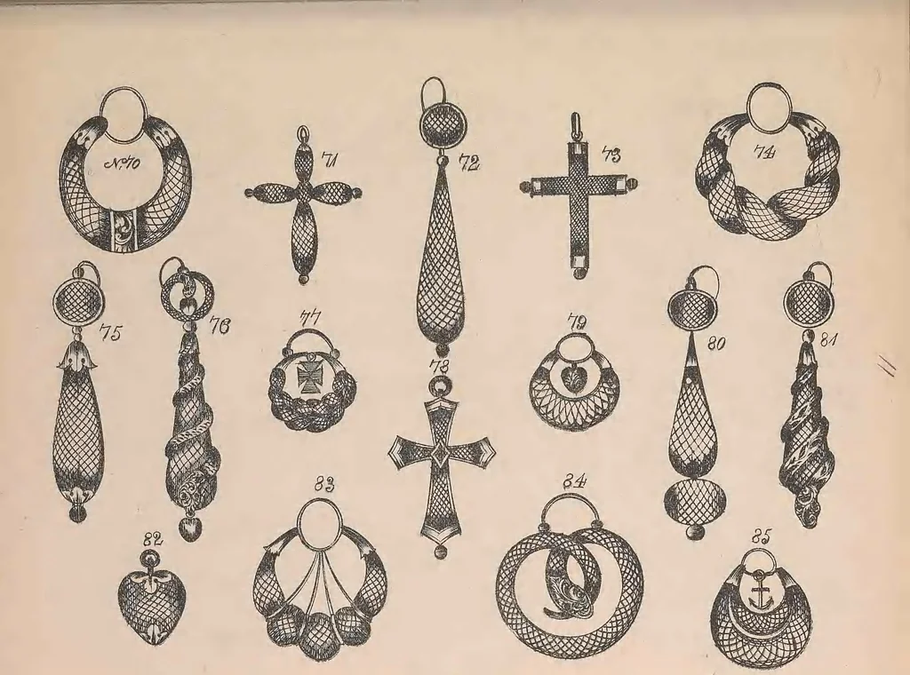 An illustration from The jewellers' book of patterns in hair work : containing a great variety of copper-plate engravings of devices and patterns in hair; suitable for mourning jewellery, brooches, rings, guards, alberts, necklets, lockets, bracelets, miniatures, studs, links, earrings, &c. &c. &c, 1864, leaf 26