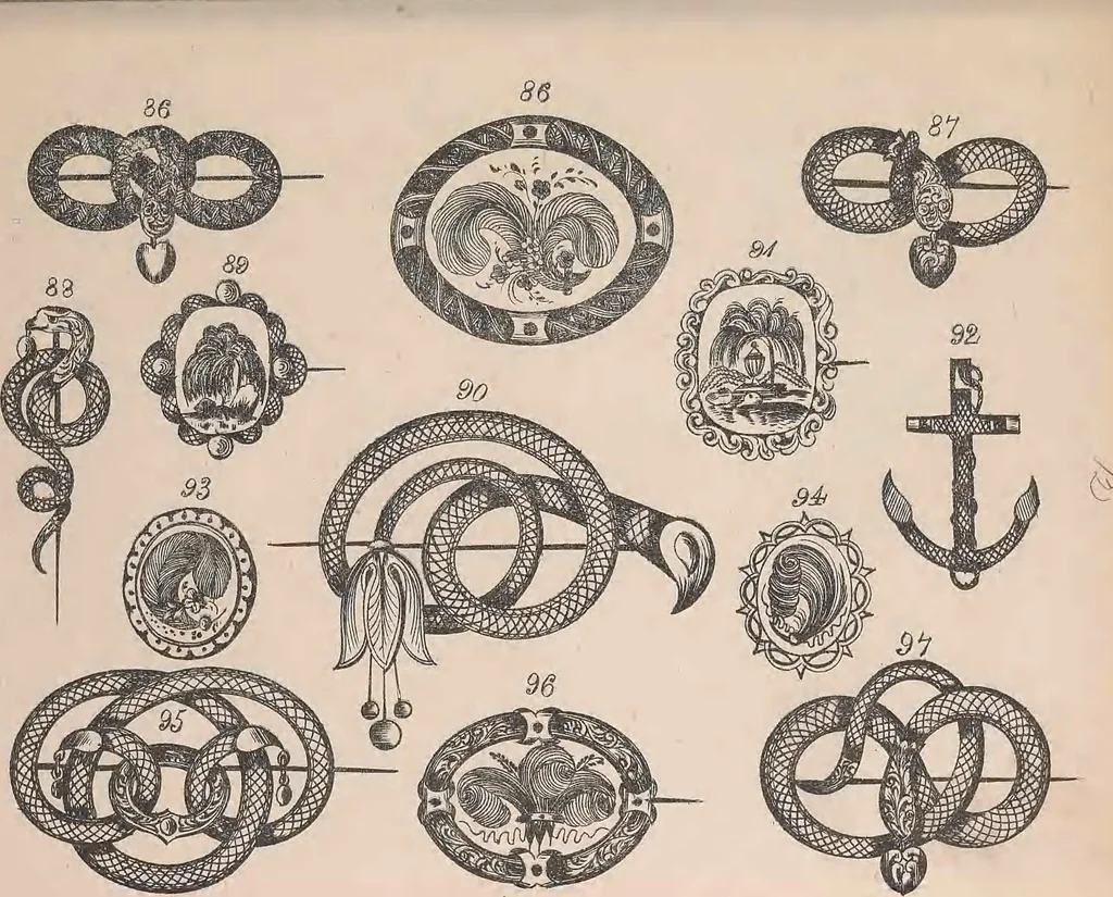 An illustration from The jewellers' book of patterns in hair work : containing a great variety of copper-plate engravings of devices and patterns in hair; suitable for mourning jewellery, brooches, rings, guards, alberts, necklets, lockets, bracelets, miniatures, studs, links, earrings, &c. &c. &c, 1864, leaf 28