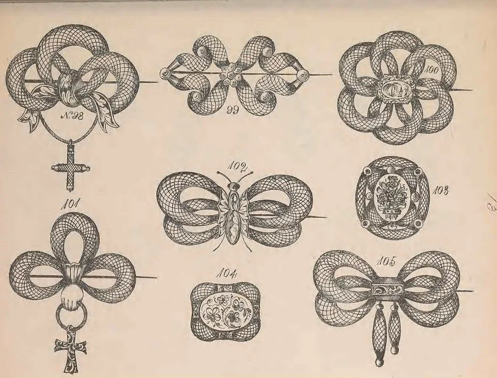 An illustration from The jewellers' book of patterns in hair work : containing a great variety of copper-plate engravings of devices and patterns in hair; suitable for mourning jewellery, brooches, rings, guards, alberts, necklets, lockets, bracelets, miniatures, studs, links, earrings, &c. &c. &c, 1864, leaf 30