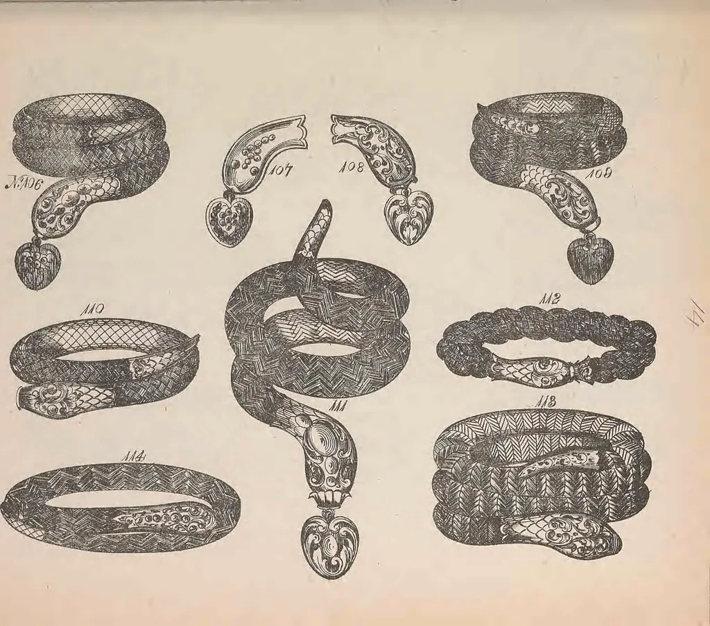 An illustration from The jewellers' book of patterns in hair work : containing a great variety of copper-plate engravings of devices and patterns in hair; suitable for mourning jewellery, brooches, rings, guards, alberts, necklets, lockets, bracelets, miniatures, studs, links, earrings, &c. &c. &c, 1864, leaf 32