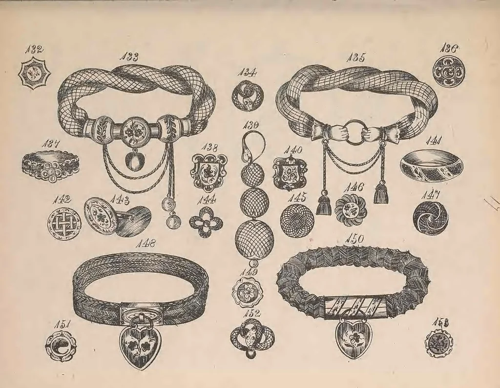 An illustration from The jewellers' book of patterns in hair work : containing a great variety of copper-plate engravings of devices and patterns in hair; suitable for mourning jewellery, brooches, rings, guards, alberts, necklets, lockets, bracelets, miniatures, studs, links, earrings, &c. &c. &c, 1864, leaf 38