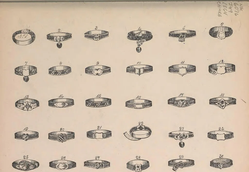 An illustration from The jewellers' book of patterns in hair work : containing a great variety of copper-plate engravings of devices and patterns in hair; suitable for mourning jewellery, brooches, rings, guards, alberts, necklets, lockets, bracelets, miniatures, studs, links, earrings, &c. &c. &c, 1864, leaf 6