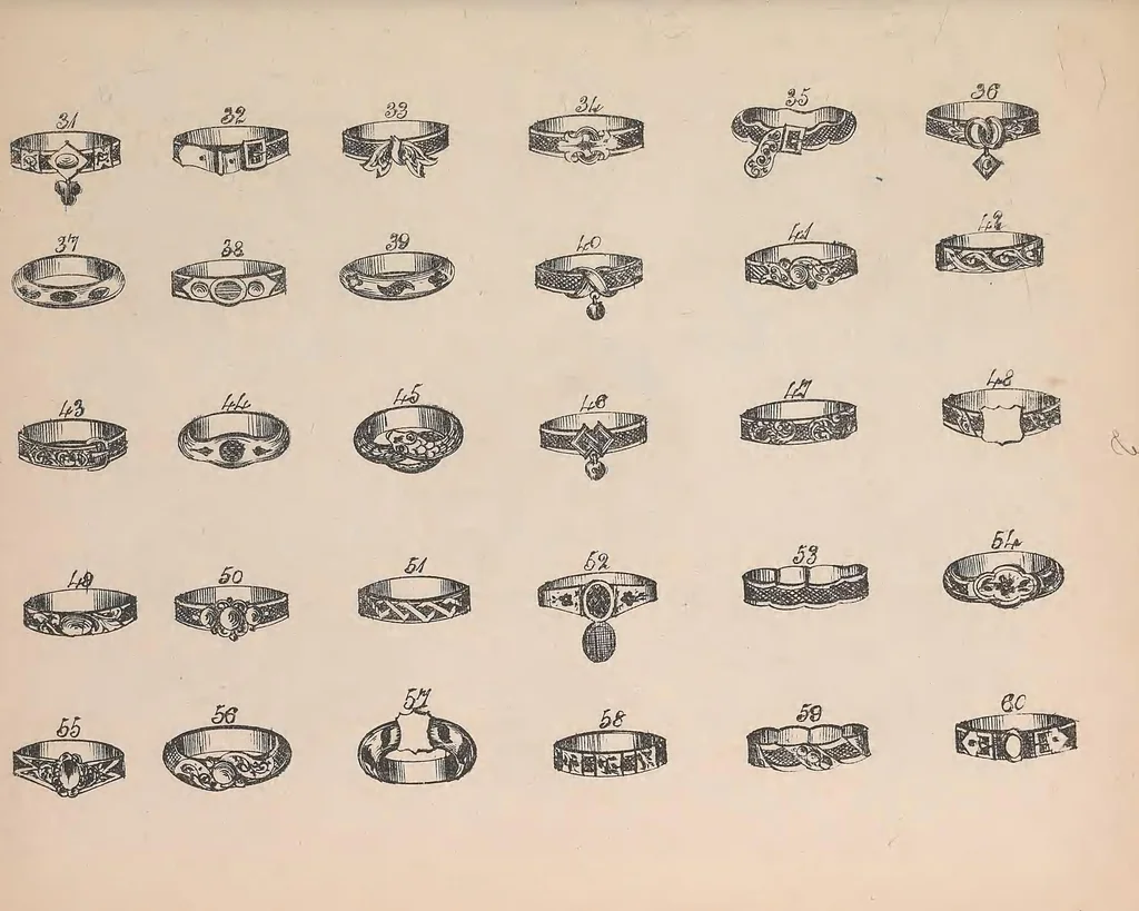 An illustration from The jewellers' book of patterns in hair work : containing a great variety of copper-plate engravings of devices and patterns in hair; suitable for mourning jewellery, brooches, rings, guards, alberts, necklets, lockets, bracelets, miniatures, studs, links, earrings, &c. &c. &c, 1864, leaf 8