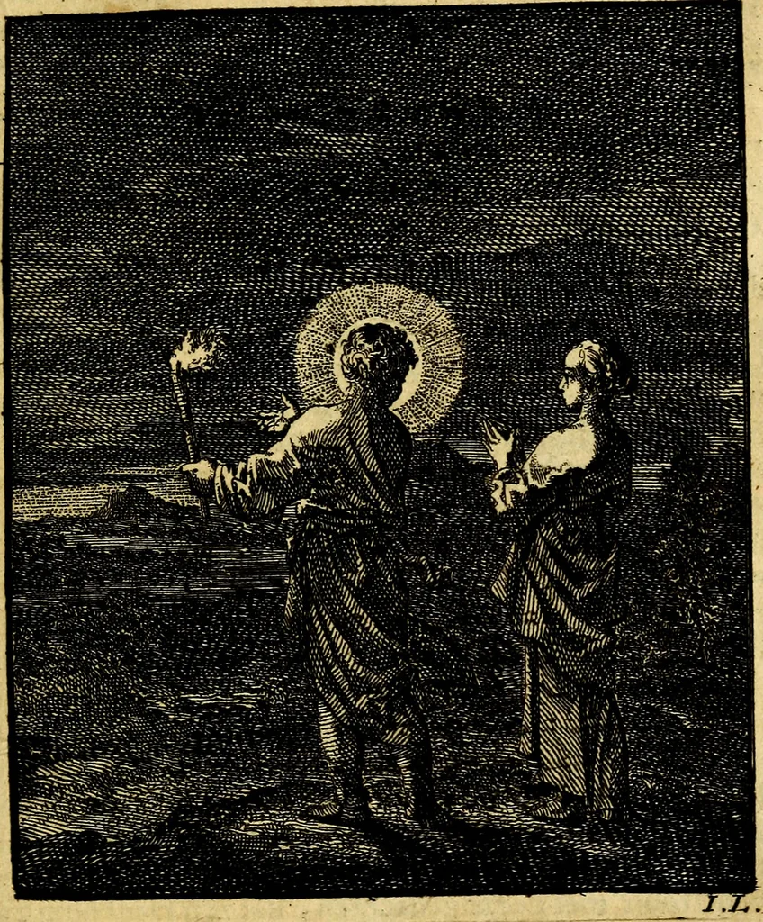 An illustration from Jezus en de ziel : een geestelyke spiegel voor't gemoed, bestaande in veertig aangenaame en stichtelyke zinnebeelden, 1714, leaf 74