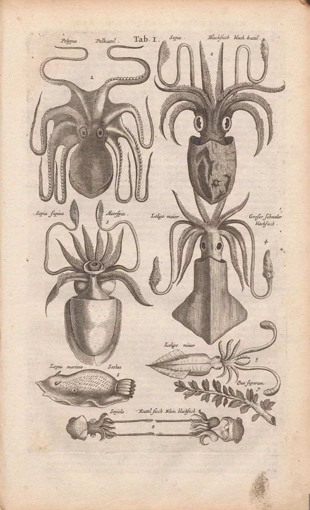 An illustration from J. Jonstons Beschryvingh van de natuur der bloedlose water-dieren : in vier boeken, 1660, leaf 13