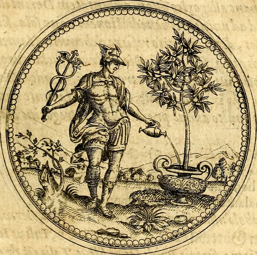 An illustration from Joachimi Camerarii Symbolorvm et emblematvm centvriæ tres. I. Ex herbis & stirpibus. II. Ex animalibus quadrupedibus. III. Ex volatilibus & insectis. Accessit noviter centvria IV. Ex aquatilibus & reptilibus. Cvm figvris æneis, 1605, leaf 10
