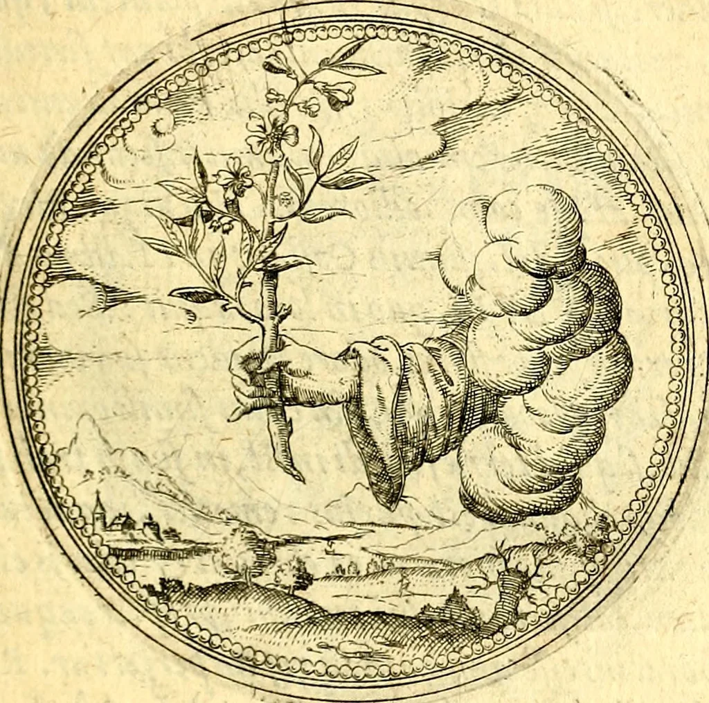An illustration from Joachimi Camerarii Symbolorvm et emblematvm centvriæ tres. I. Ex herbis & stirpibus. II. Ex animalibus quadrupedibus. III. Ex volatilibus & insectis. Accessit noviter centvria IV. Ex aquatilibus & reptilibus. Cvm figvris æneis, 1605, leaf 110