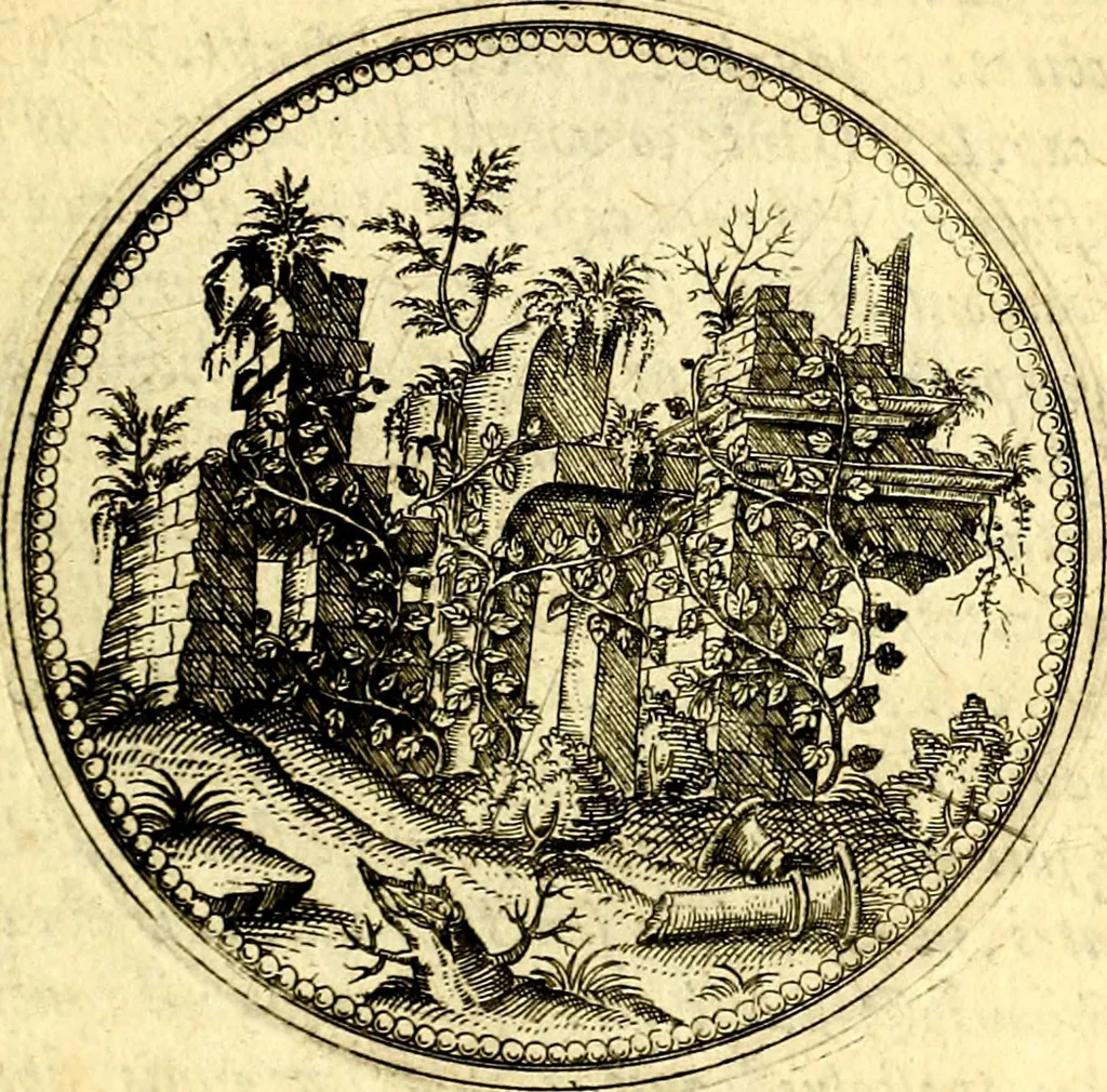 An illustration from Joachimi Camerarii Symbolorvm et emblematvm centvriæ tres. I. Ex herbis & stirpibus. II. Ex animalibus quadrupedibus. III. Ex volatilibus & insectis. Accessit noviter centvria IV. Ex aquatilibus & reptilibus. Cvm figvris æneis, 1605, leaf 114