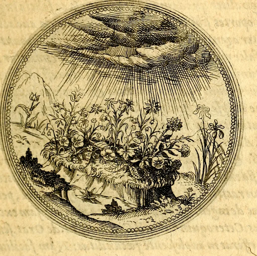 An illustration from Joachimi Camerarii Symbolorvm et emblematvm centvriæ tres. I. Ex herbis & stirpibus. II. Ex animalibus quadrupedibus. III. Ex volatilibus & insectis. Accessit noviter centvria IV. Ex aquatilibus & reptilibus. Cvm figvris æneis, 1605, leaf 116