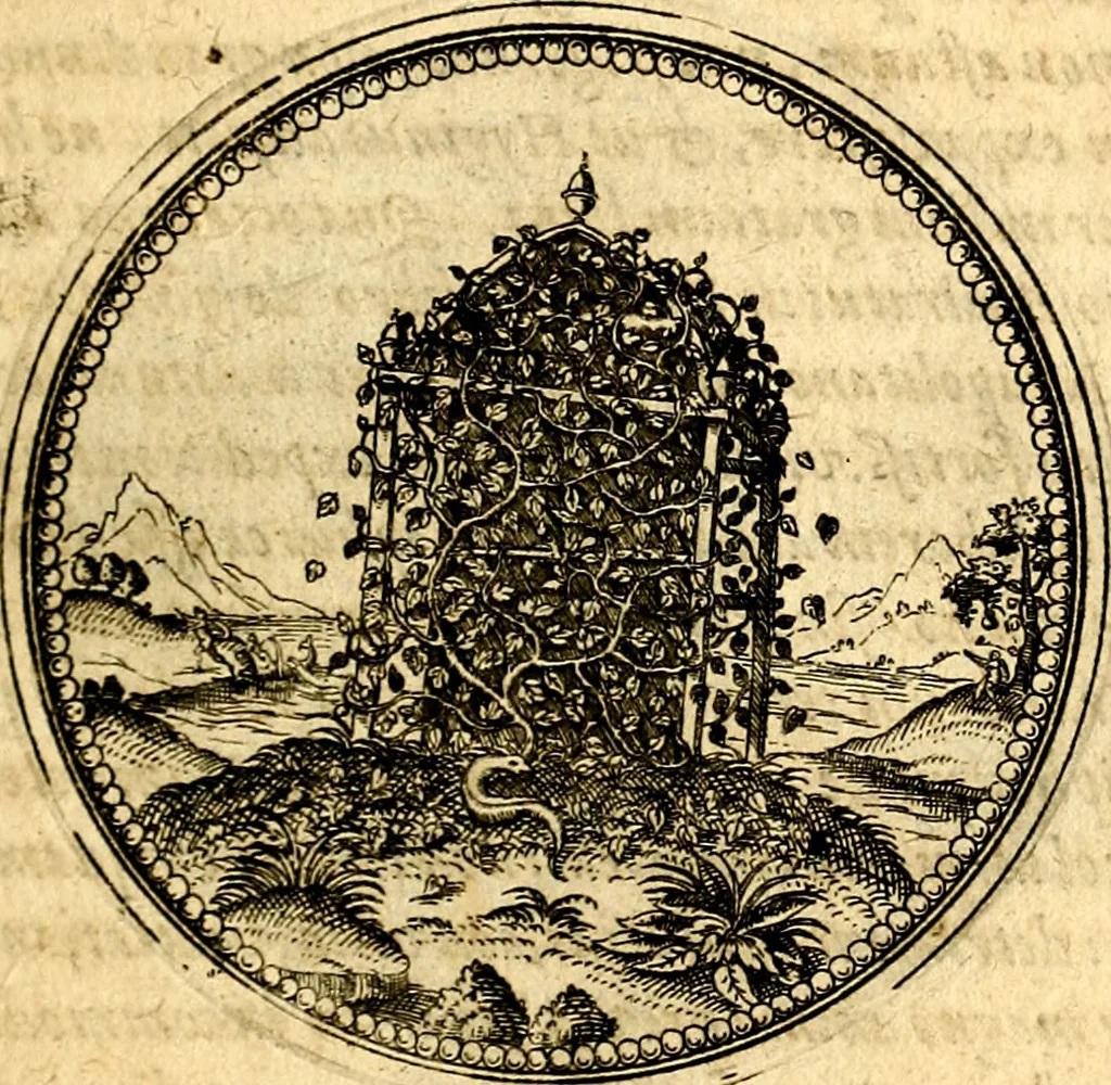 An illustration from Joachimi Camerarii Symbolorvm et emblematvm centvriæ tres. I. Ex herbis & stirpibus. II. Ex animalibus quadrupedibus. III. Ex volatilibus & insectis. Accessit noviter centvria IV. Ex aquatilibus & reptilibus. Cvm figvris æneis, 1605, leaf 136