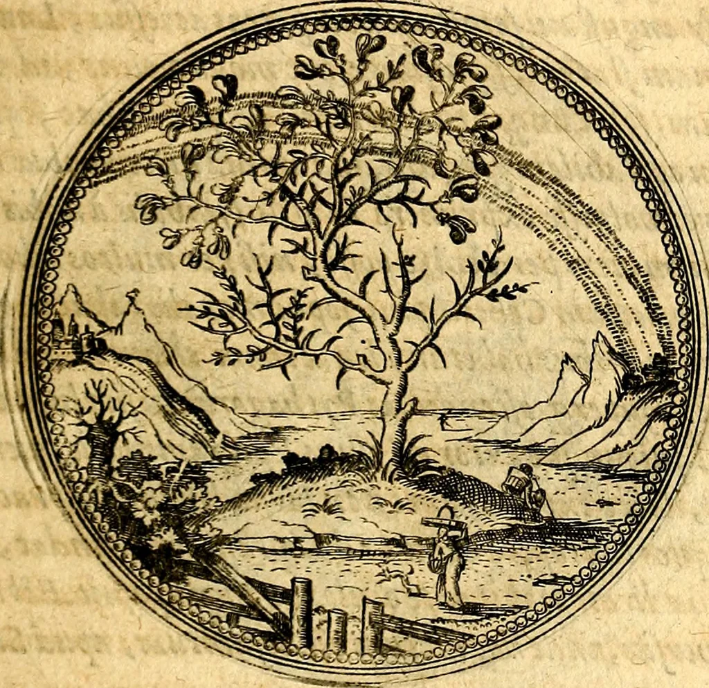 An illustration from Joachimi Camerarii Symbolorvm et emblematvm centvriæ tres. I. Ex herbis & stirpibus. II. Ex animalibus quadrupedibus. III. Ex volatilibus & insectis. Accessit noviter centvria IV. Ex aquatilibus & reptilibus. Cvm figvris æneis, 1605, leaf 14