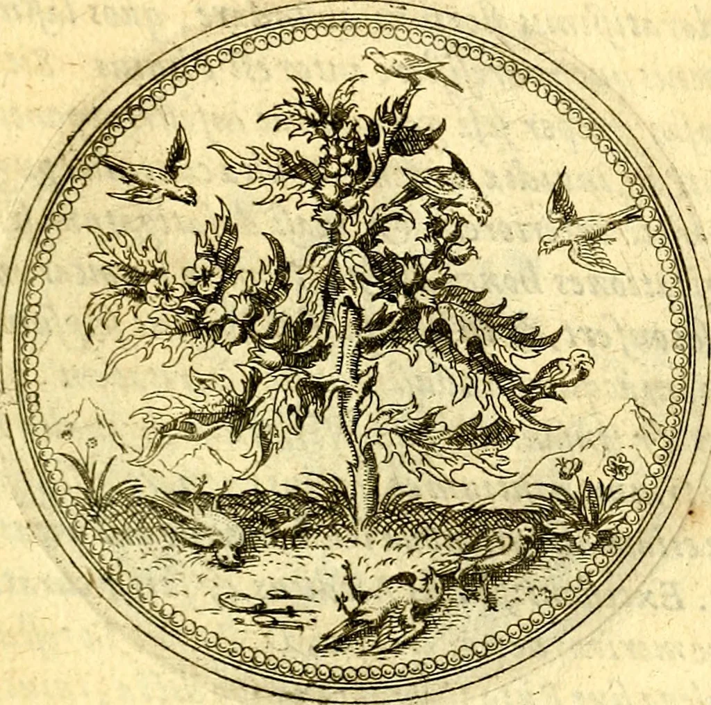 An illustration from Joachimi Camerarii Symbolorvm et emblematvm centvriæ tres. I. Ex herbis & stirpibus. II. Ex animalibus quadrupedibus. III. Ex volatilibus & insectis. Accessit noviter centvria IV. Ex aquatilibus & reptilibus. Cvm figvris æneis, 1605, leaf 174