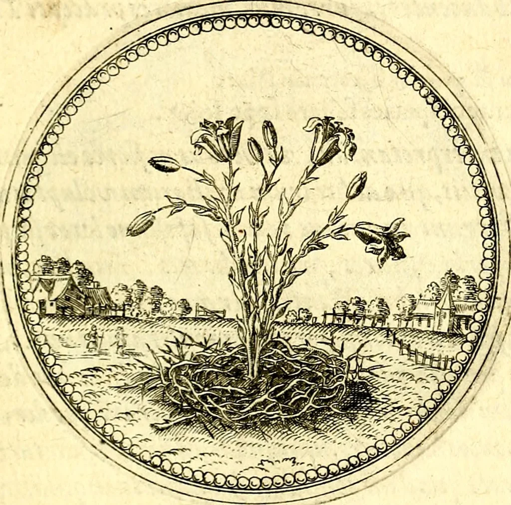 An illustration from Joachimi Camerarii Symbolorvm et emblematvm centvriæ tres. I. Ex herbis & stirpibus. II. Ex animalibus quadrupedibus. III. Ex volatilibus & insectis. Accessit noviter centvria IV. Ex aquatilibus & reptilibus. Cvm figvris æneis, 1605, leaf 182
