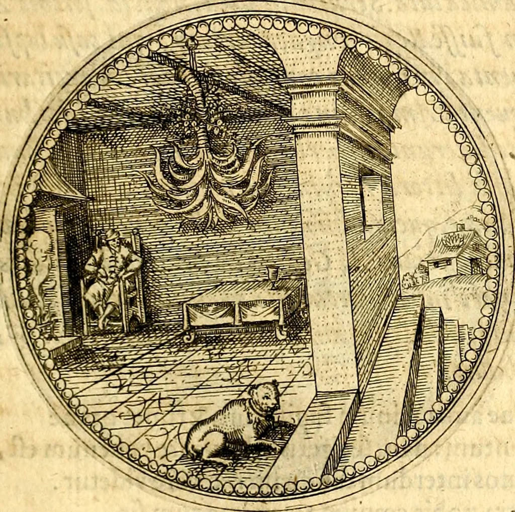 An illustration from Joachimi Camerarii Symbolorvm et emblematvm centvriæ tres. I. Ex herbis & stirpibus. II. Ex animalibus quadrupedibus. III. Ex volatilibus & insectis. Accessit noviter centvria IV. Ex aquatilibus & reptilibus. Cvm figvris æneis, 1605, leaf 188