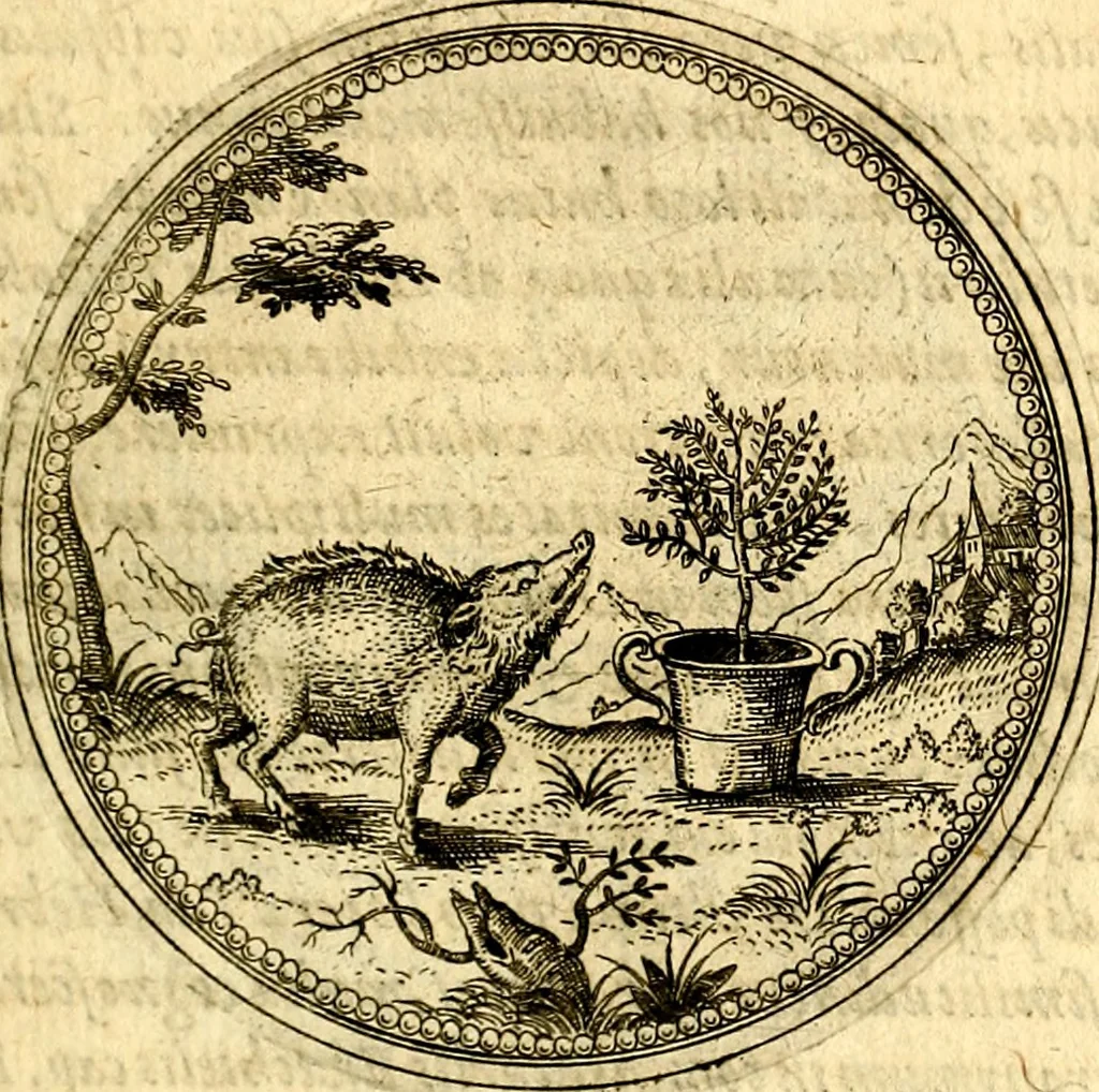 An illustration from Joachimi Camerarii Symbolorvm et emblematvm centvriæ tres. I. Ex herbis & stirpibus. II. Ex animalibus quadrupedibus. III. Ex volatilibus & insectis. Accessit noviter centvria IV. Ex aquatilibus & reptilibus. Cvm figvris æneis, 1605, leaf 190
